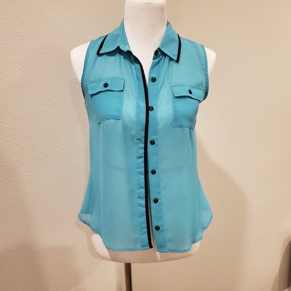 Blue Flowy Collared Tank Top - Picture 1 of 5